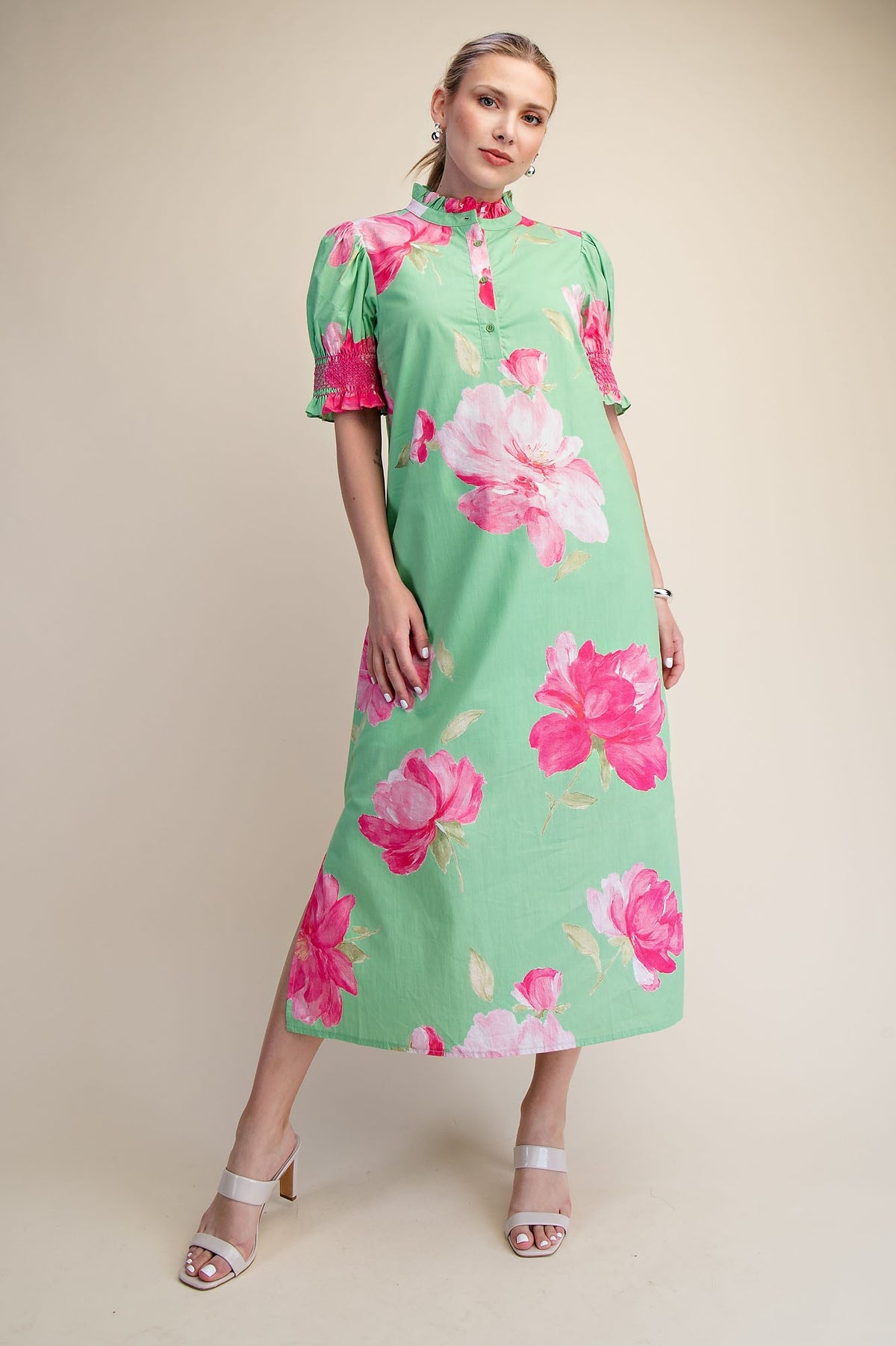 Ruffle Neck Puff Sleeve Button Placket Floral Midi Dress
