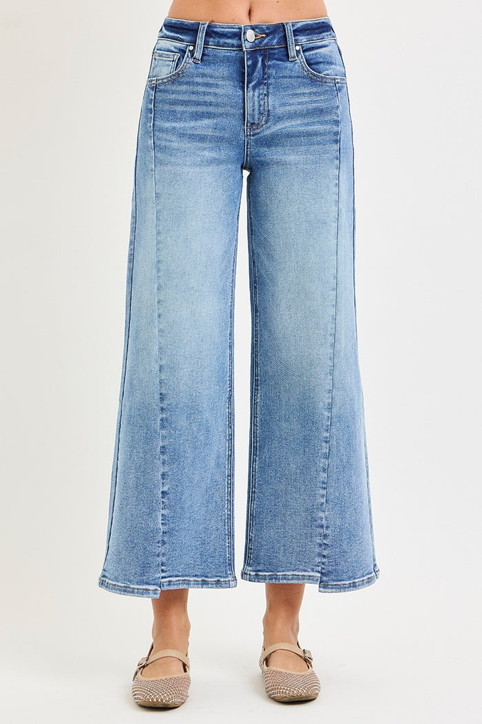 Risen Mid Rise Crop Wide Jeans With Front Step Hem Details