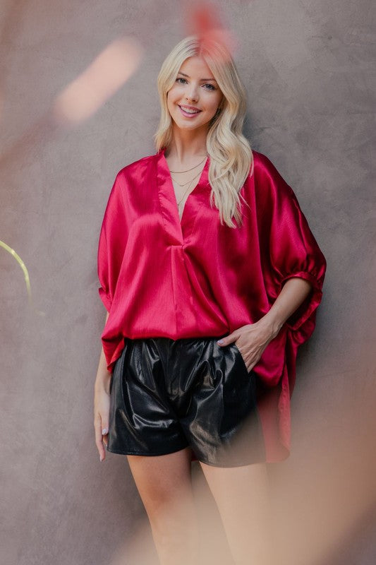 V-Neck Placket Oversized Satin Top