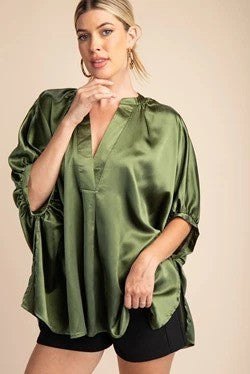 V-Neck Placket Oversized Satin Top