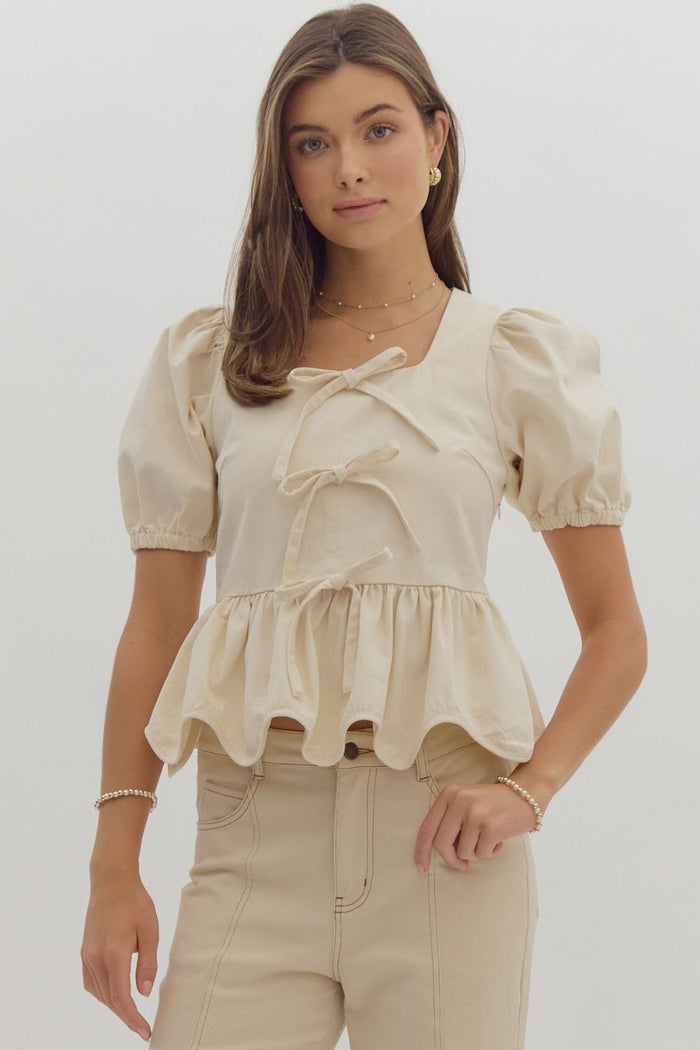 Solid short puff sleeve square neck ruffled peplum top