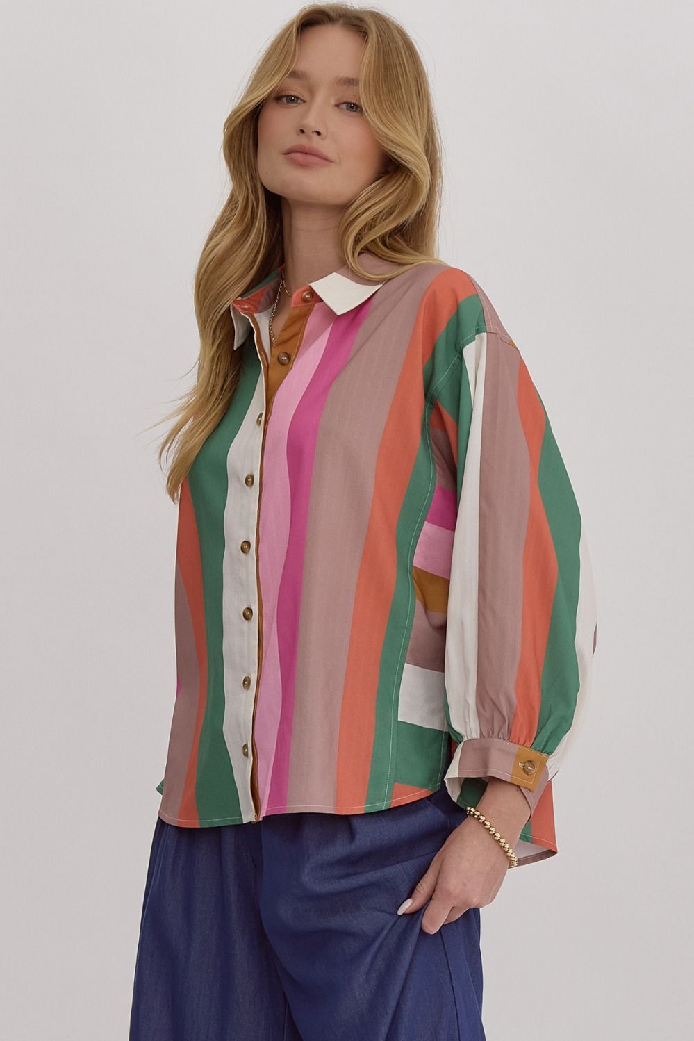 Multicolor striped button down long sleeve collared top