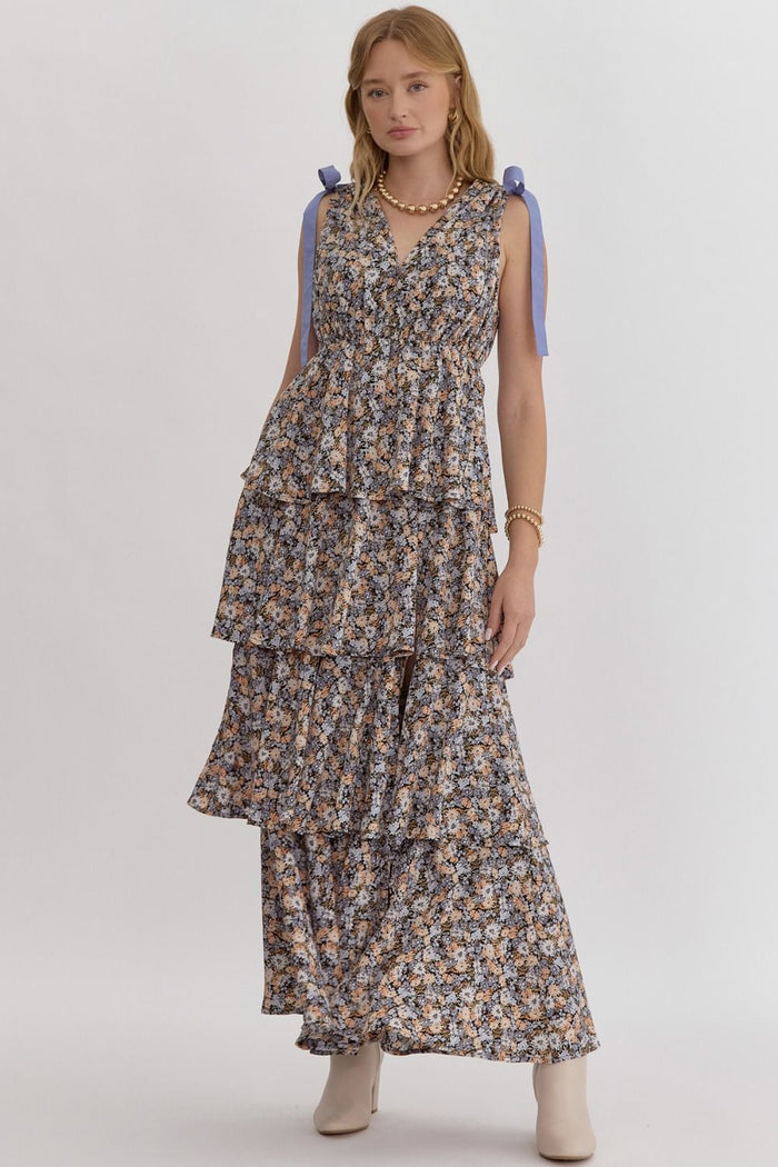 Ditsy print v-neck sleeveless tiered maxi dress