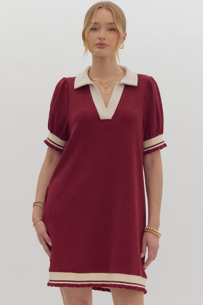 Solid textured short sleeve v-neck collared mini dress