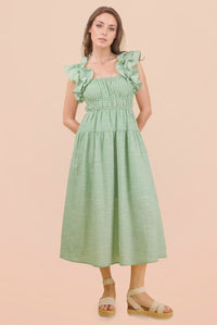 Shoulder Ruffle Detail Stripe Midi Dress