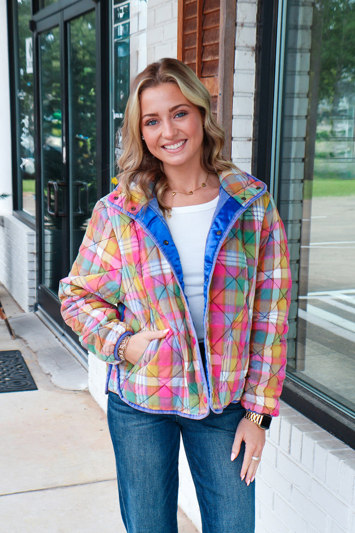 Bleached Vintage Plaid Quilted Jacket With Pockets