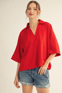 Drop shoulder solid v neck top