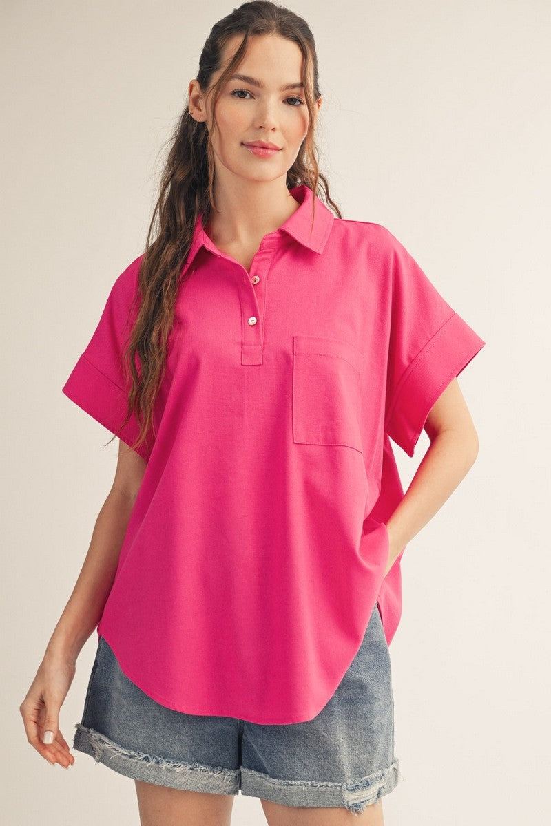 Drop shoulder solid woven top with round hem