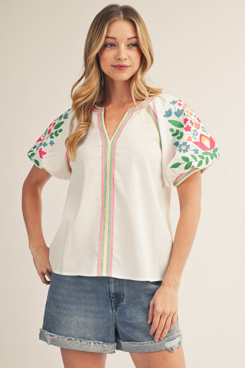 Notched V Neck Embroidered Top