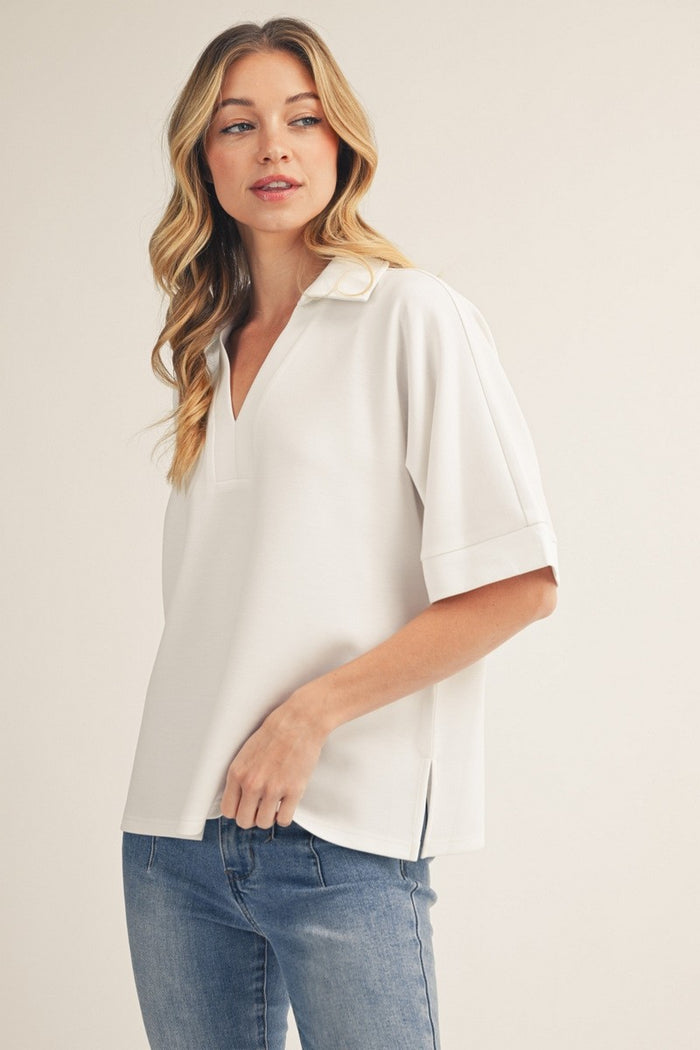 Drop shoulder solid v neck top