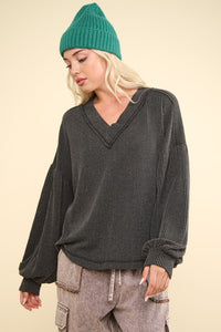 Two Tone Otto Ribbed V-Neck Knit Top