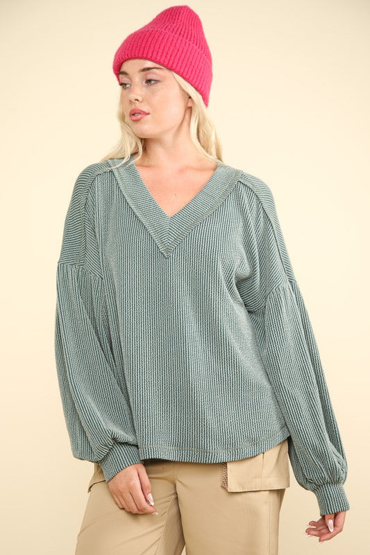 Two Tone Otto Ribbed V-Neck Knit Top