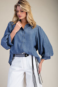 3/4 SLEEVES WASHED DENIM SHIRT