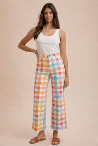 COMFORT STRETCH PASTEL GINGHAM WIDE LEG JEAN