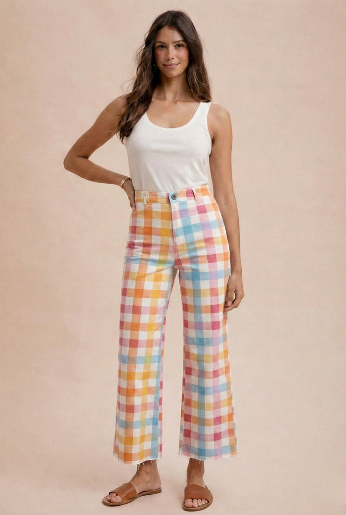 COMFORT STRETCH PASTEL GINGHAM WIDE LEG JEAN