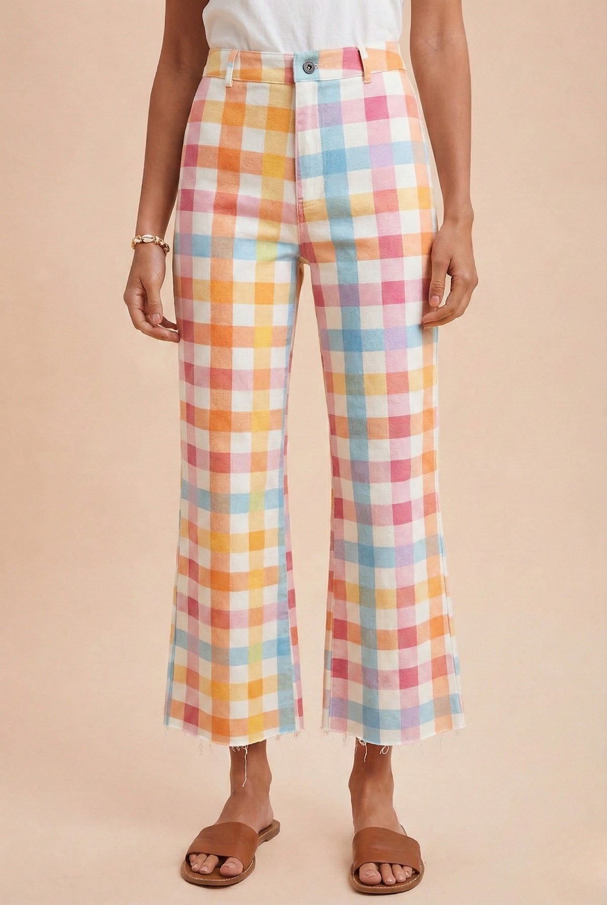 COMFORT STRETCH PASTEL GINGHAM WIDE LEG JEAN