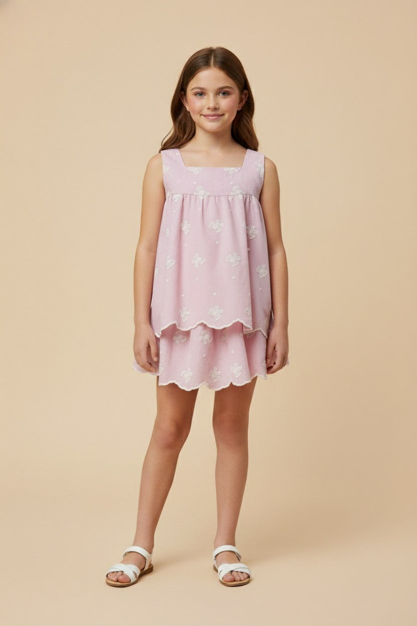 Girls Bow Embroidered Scallop Lace Hem Tank & Skirt