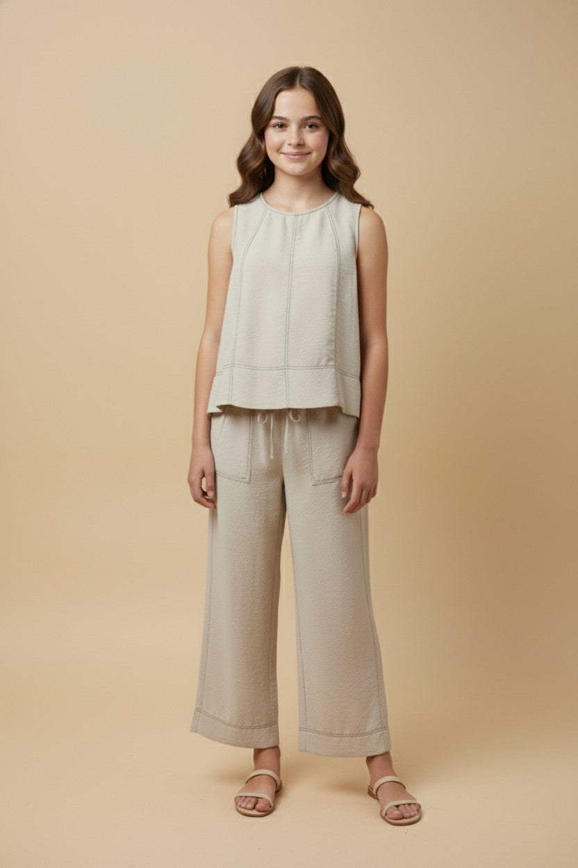 Girls Contrast Stitch Detailed Loose Tank Top & Wide Leg Pants Set