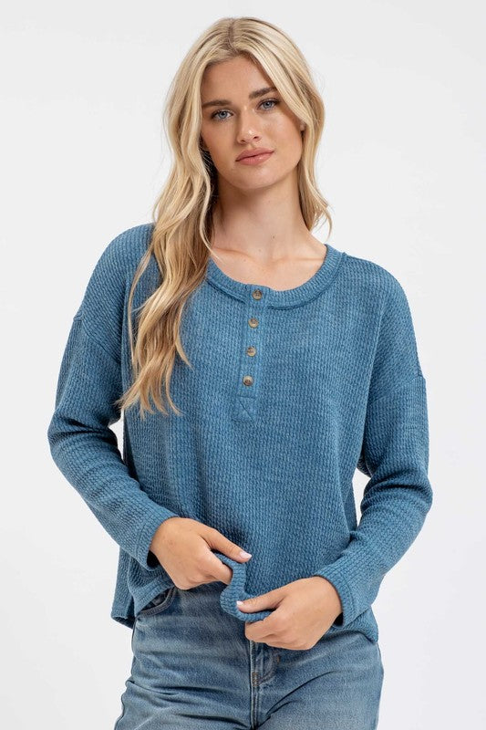 WAFFLE KNIT HENLEY LONG SLEEVE KNIT TOP