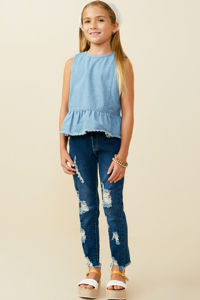 Girls Buttoned Back Denim Peplum Tank