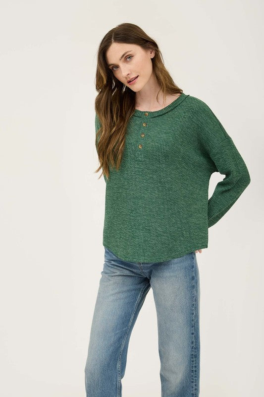 WAFFLE KNIT HENLEY LONG SLEEVE KNIT TOP