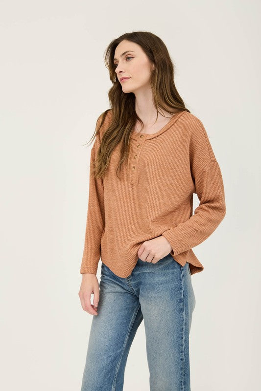 WAFFLE KNIT HENLEY LONG SLEEVE KNIT TOP