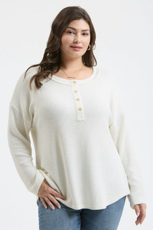 PLUS WAFFLE KNIT HENLEY LONG SLEEVE KNIT TOP