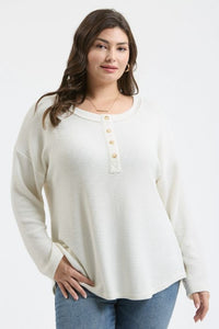 PLUS WAFFLE KNIT HENLEY LONG SLEEVE KNIT TOP