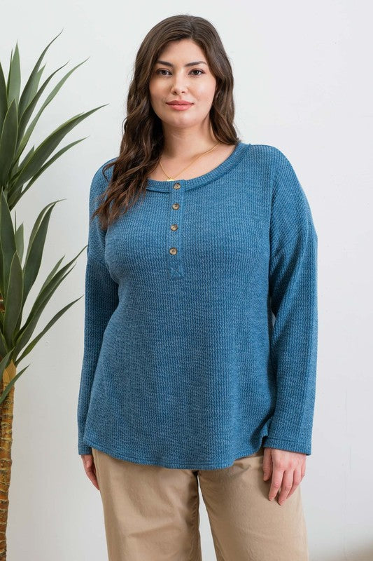 PLUS WAFFLE KNIT HENLEY LONG SLEEVE KNIT TOP