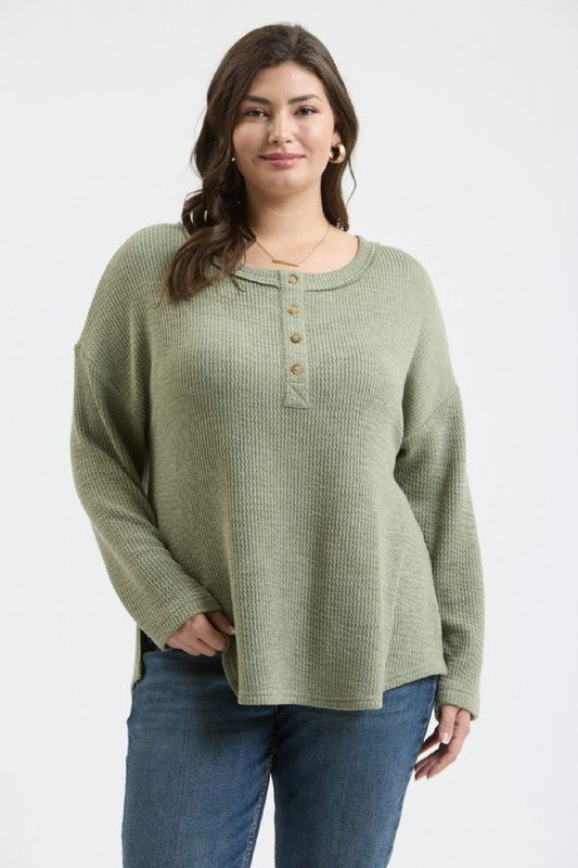 PLUS WAFFLE KNIT HENLEY LONG SLEEVE KNIT TOP