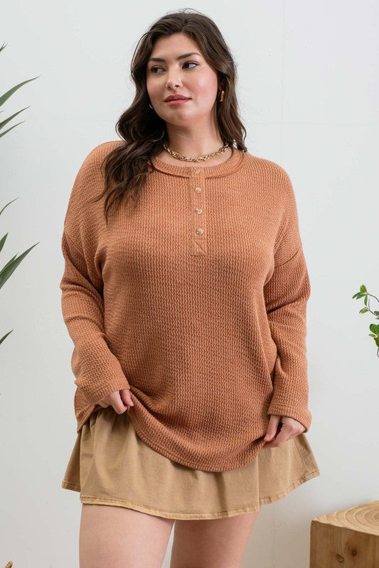 PLUS WAFFLE KNIT HENLEY LONG SLEEVE KNIT TOP