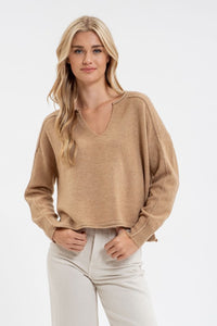 EXPOSED SEAM SPLIT NECK KNIT SWEATER