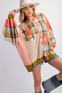 PLAID MIX DAISY PATCH OVERSIZED KNIT TOP