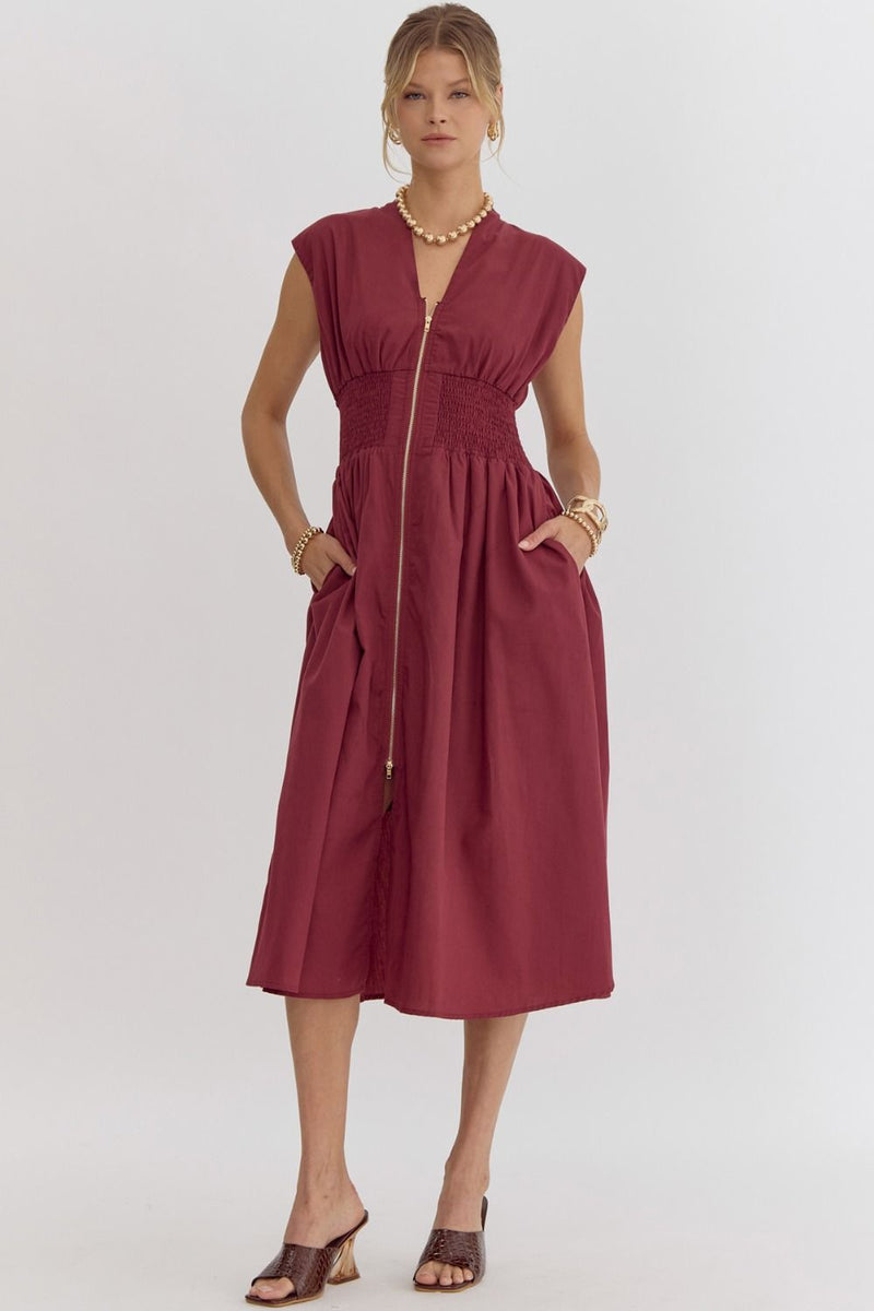 Solid v-neck sleeveless midi dress featuring dual zipper at front