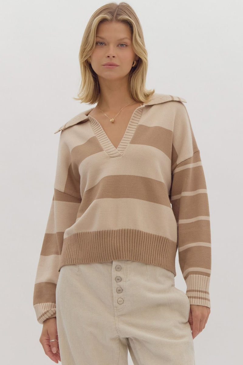 Stripe print v-neck long sleeve sweater featuring oversized collar.