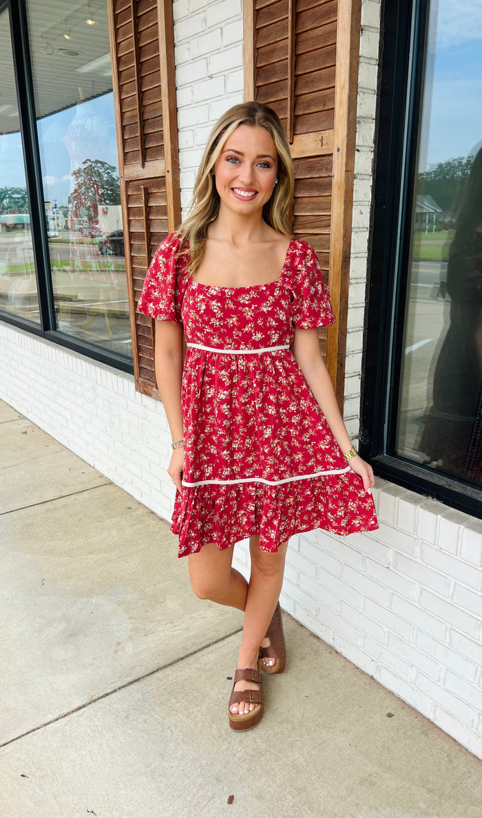 Floral Contrast Trim Detail Puffsleeves Mini Dress