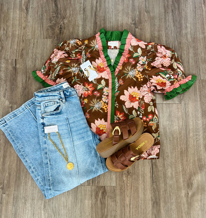Floral print shoulder puff sleeve top