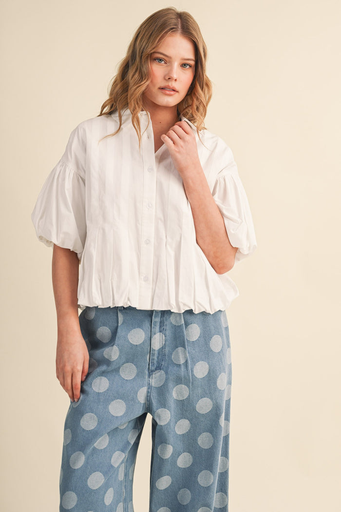 Pleated bubble hem button down top