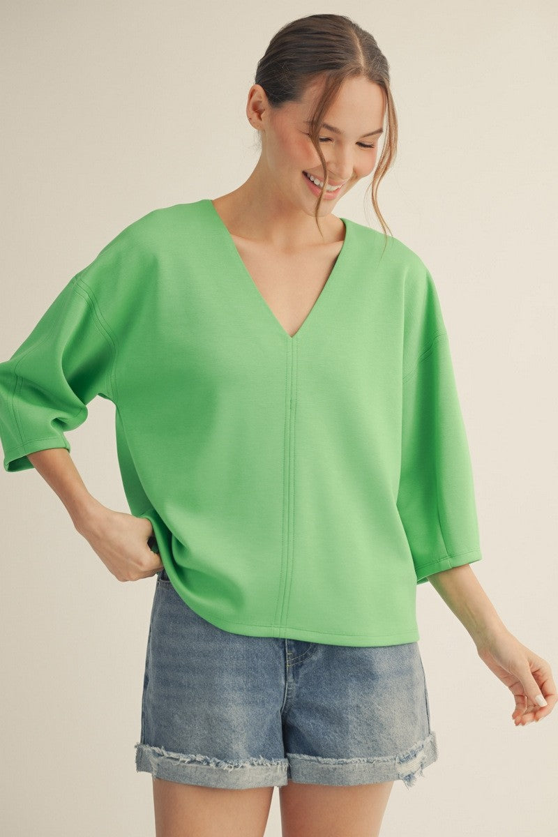 Drop shoulder 3/4 sleeves solid v neck top