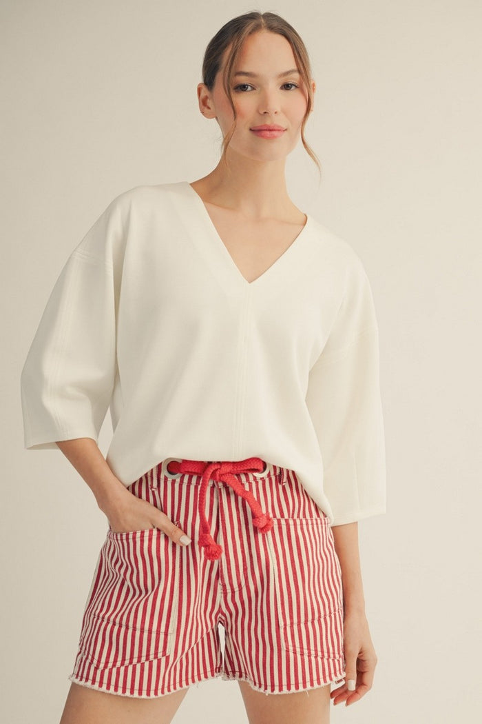Drop shoulder 3/4 sleeves solid v neck top