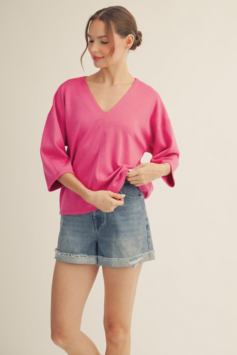 Drop shoulder 3/4 sleeves solid v neck top