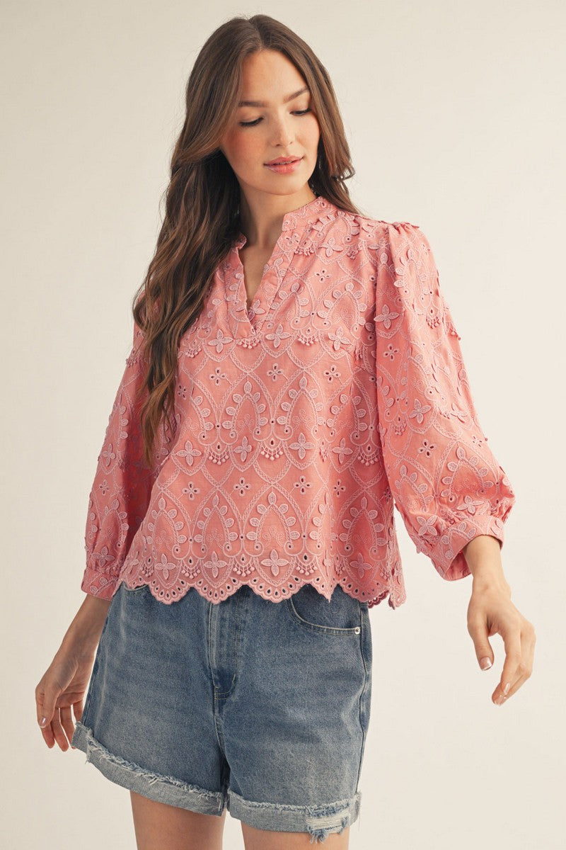 3/4 sleeves v neck 3D lace top with scallop hem.