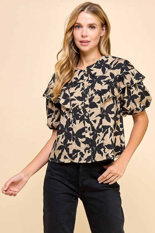 Floral Button Down Ruffle Detail Blouse