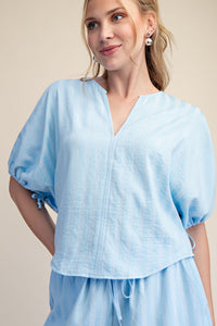 V-neckline Adjustable Tie Puff Sleeves Top