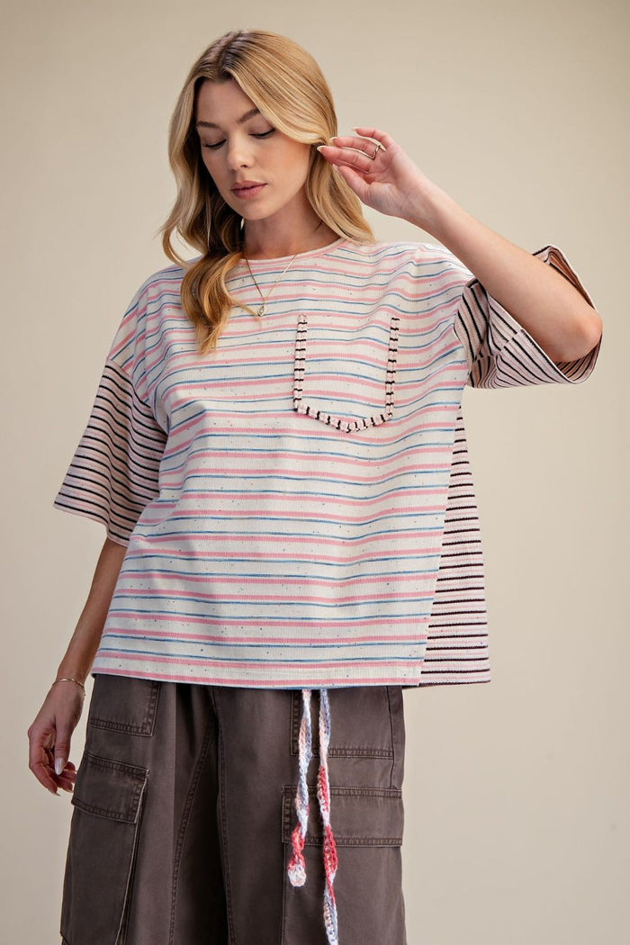3/4 SLVS STRIPE MIX KNIT BOXY TOP