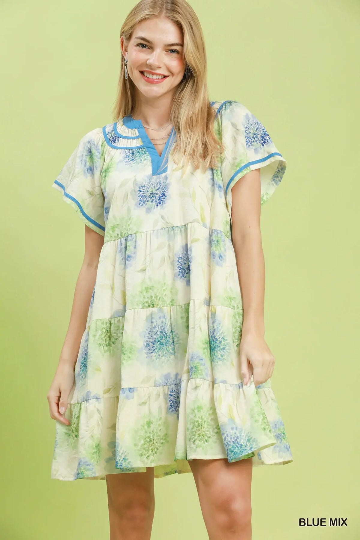 Floral Print Contrast Trim Tiered Babydoll Dress