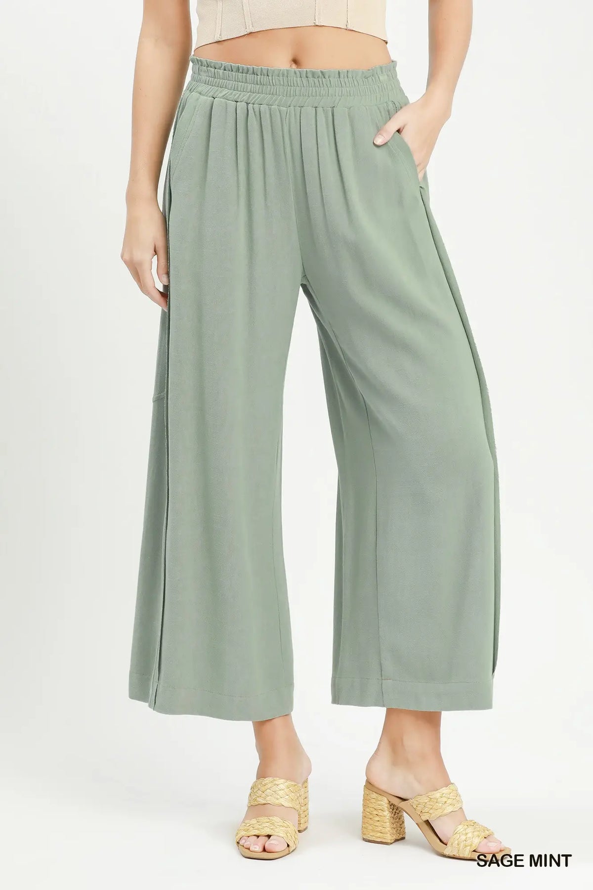 Linen Blend Wide Leg Pull-On Pants