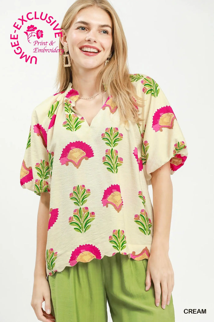 Abstract Print Puff Sleeve Scallop Hem Blouse