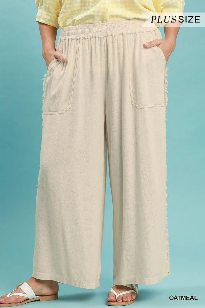 Linen Frayed Side Pocket Wide Leg Pants