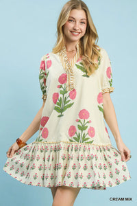 Floral Border Print Ruffle Trim Dress